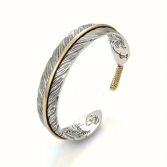 Valcien | Adjustable Vintage Feather Cuff Bracelet – Zinc Alloy Rock Style Jewelry for Men, Comfortable Fit